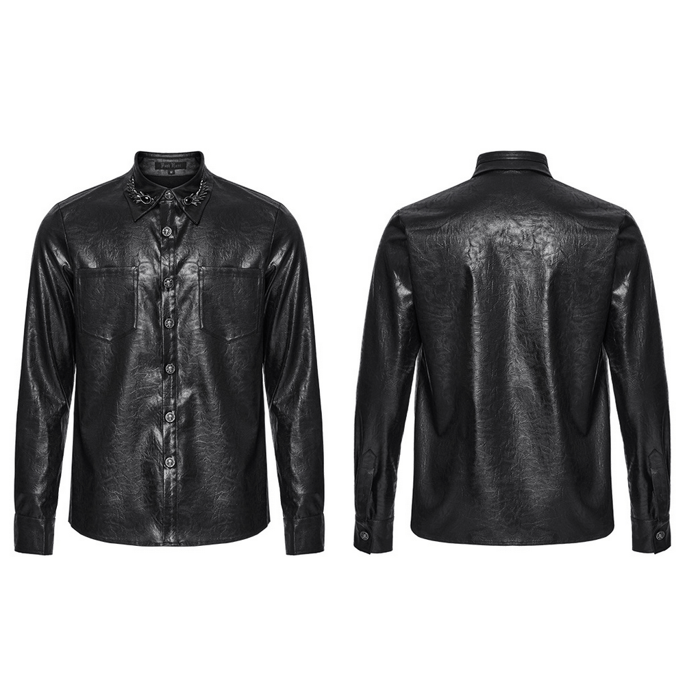 Elegant men's gothic leather shirt featuring unique skull buckles and dragon scale texture, front and back view.