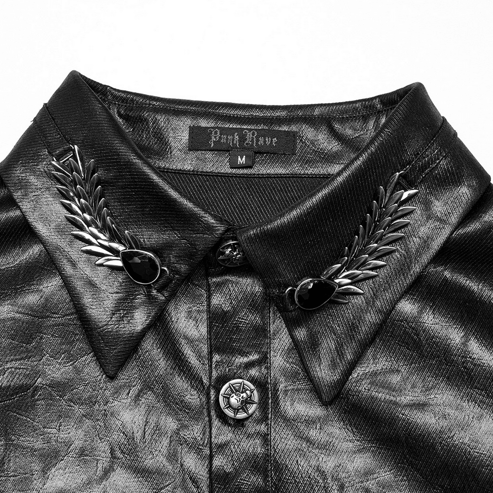 Elegant men's gothic leather shirt collar with skull buckles and dragon scale details.