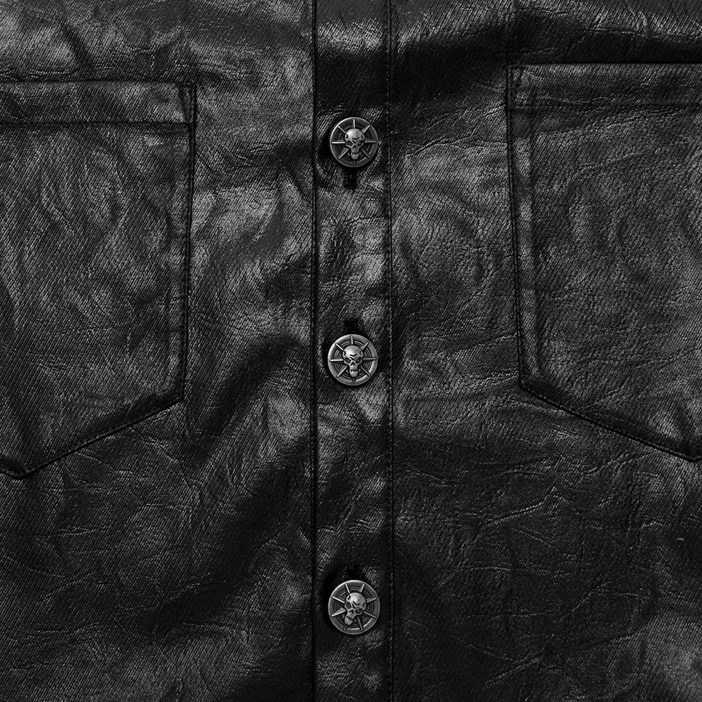 Close-up of gothic leather shirt showcasing unique skull buckles and textured fabric for a bold look.