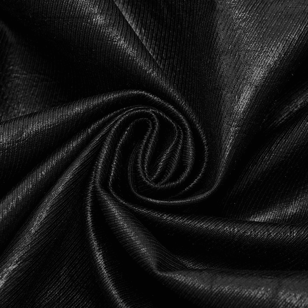 Close-up of sleek black fabric showcasing a glossy, textured surface perfect for gothic fashion.