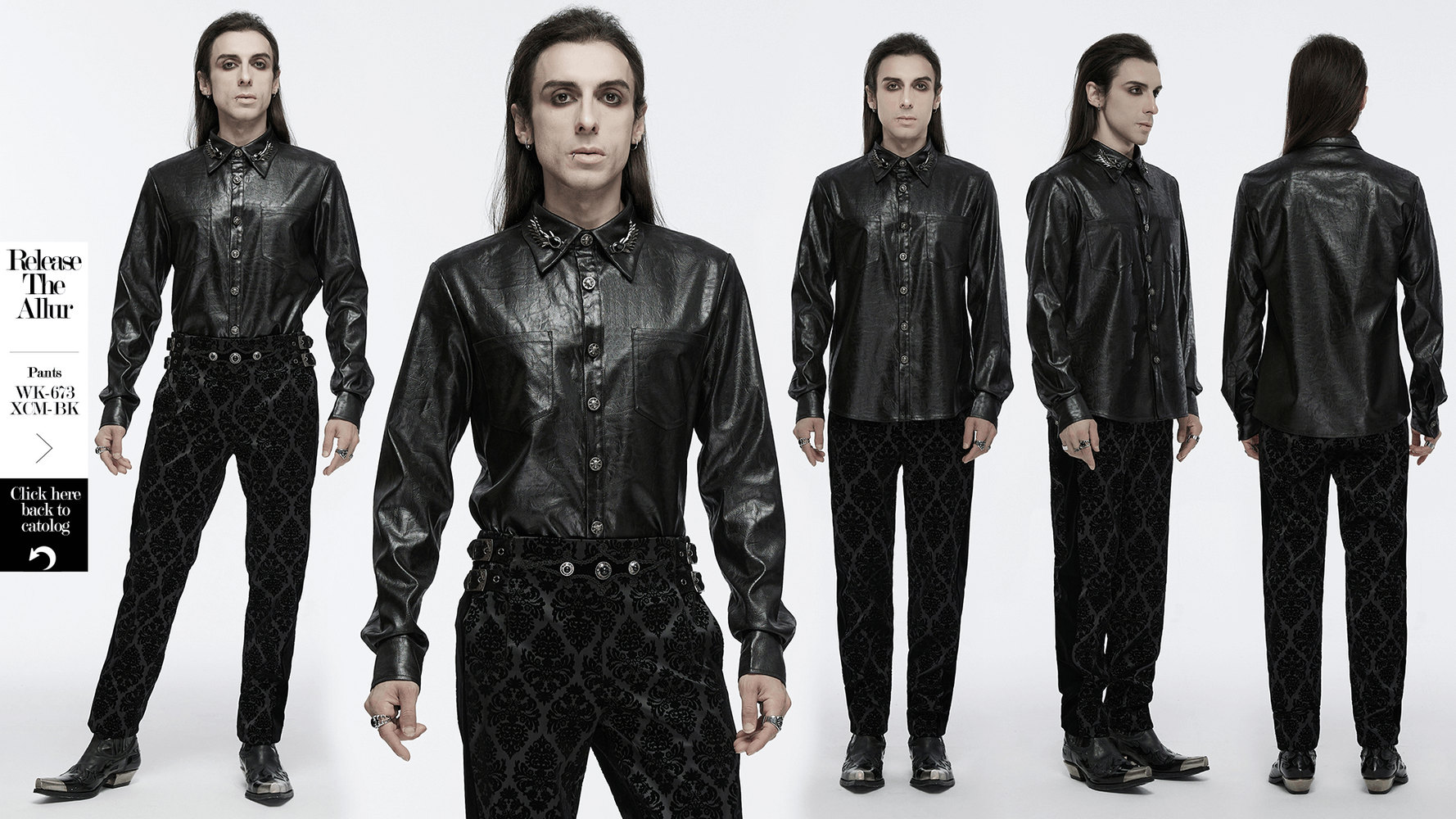 Elegant men's gothic leather shirt with skull buckles, showcasing a bold dragon scale design and fitted silhouette.