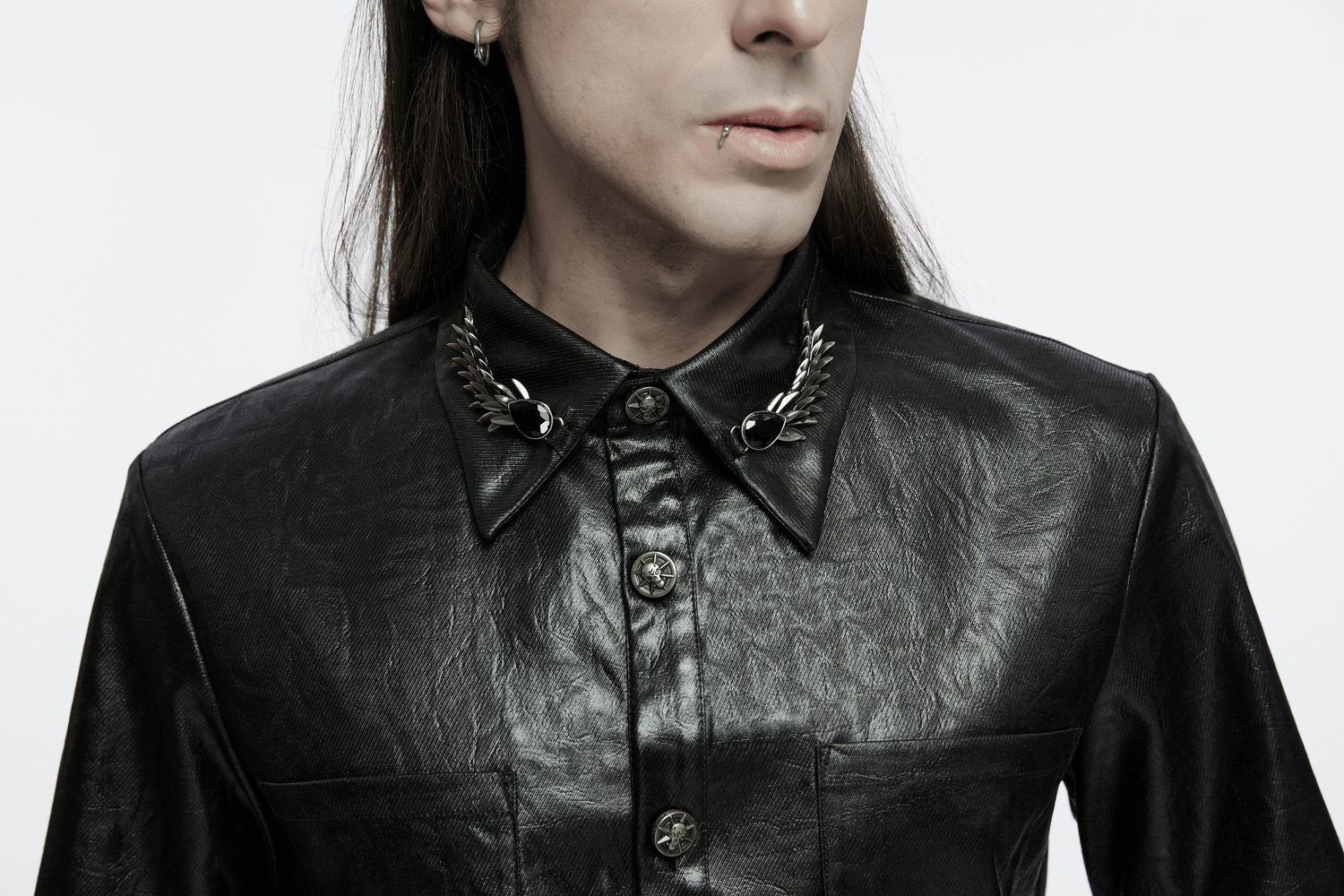 Elegant men's gothic leather shirt with skull buckles and dragon scale detail. Perfect for bold, stylish looks.