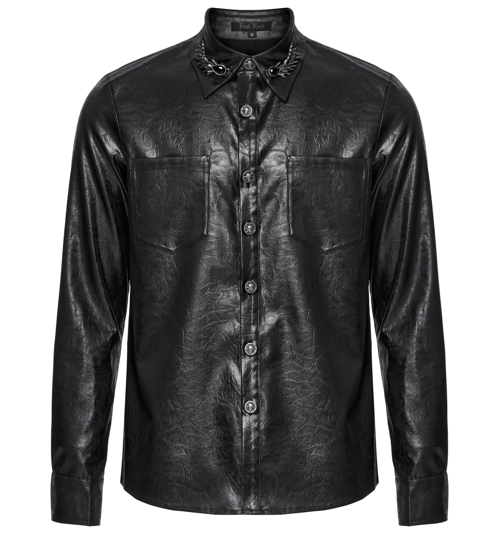 Elegant men's gothic leather shirt with unique skull buckles and dragon scale details, perfect for a bold wardrobe.