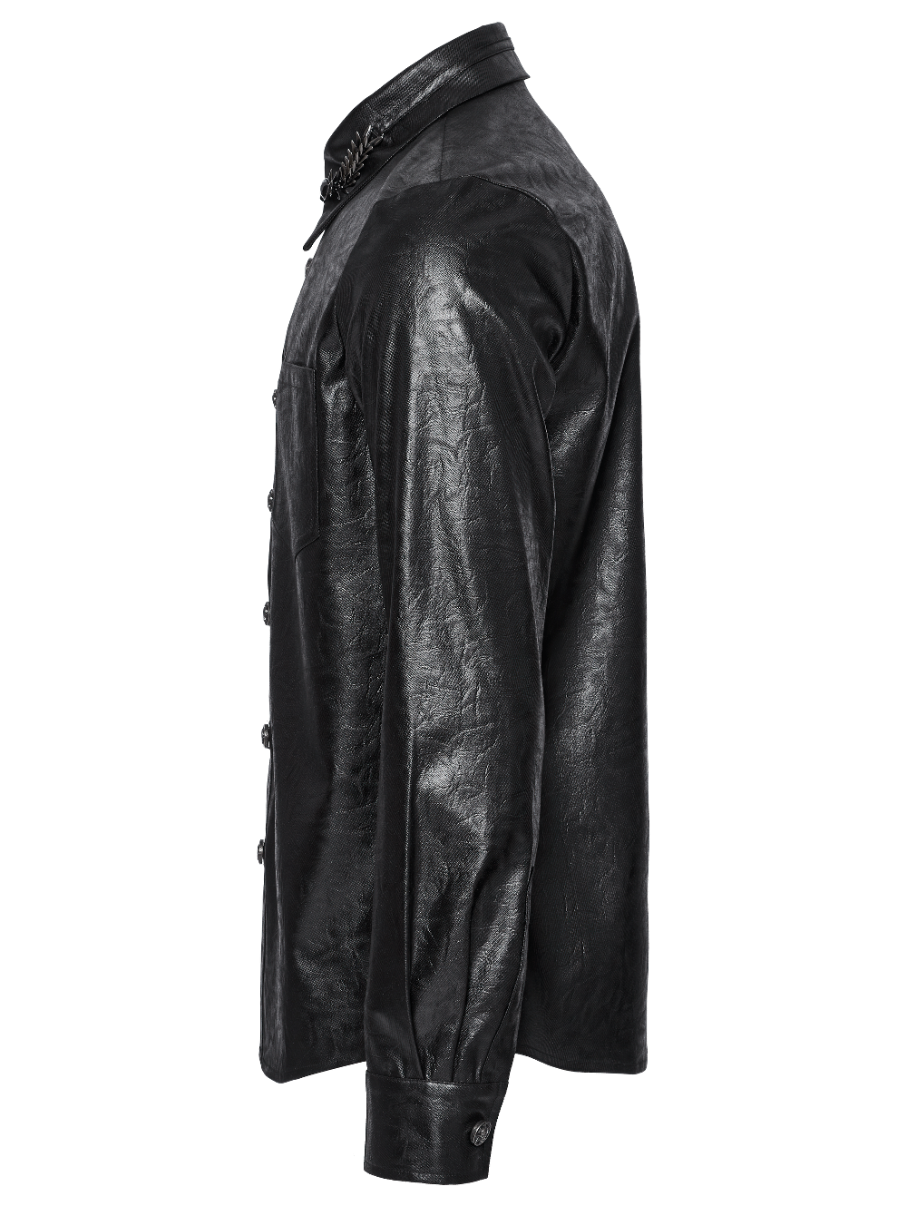 Side view of an elegant men's gothic leather shirt with unique skull buckles and dragon scale details.