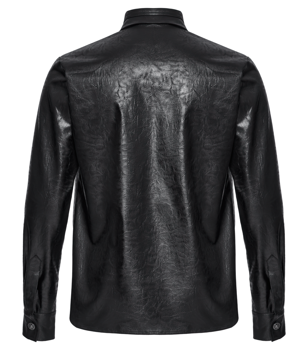 Back view of an elegant men's gothic leather shirt with a unique texture and sleek design. Perfect for a bold style.