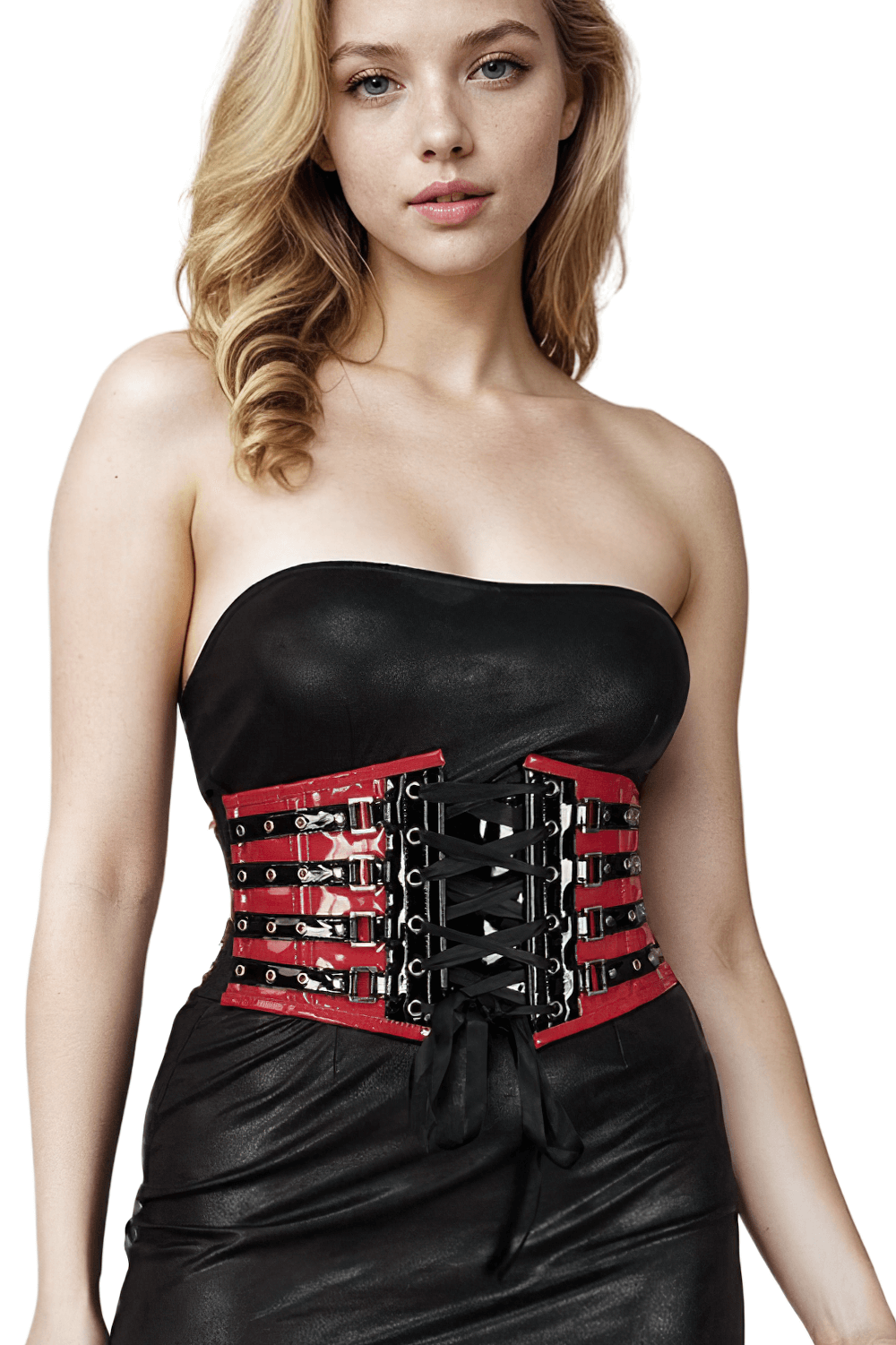 Elegant red PVC corset belt with front lacing, steel boning, and a stylish silhouette, perfect for alternative fashion.