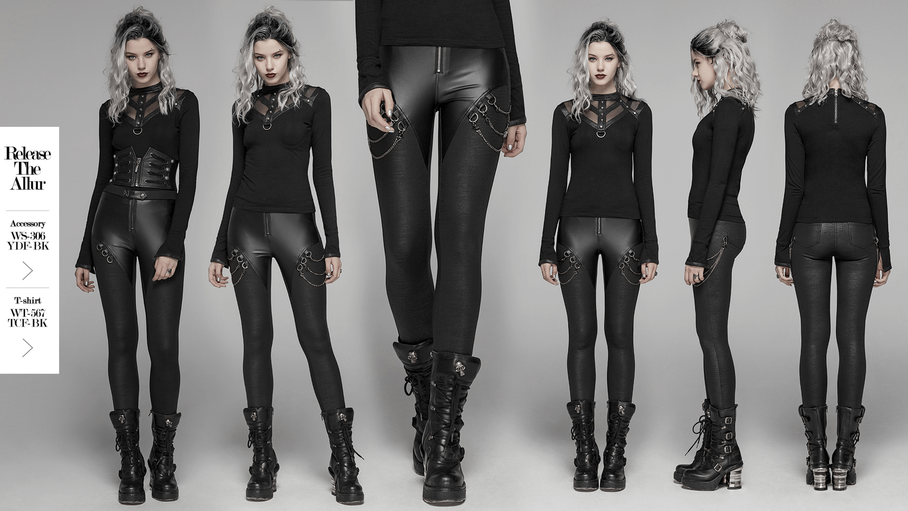 Model showcasing Elastic Crackle PU Leather Punk Rock Leggings with chain detail and edgy black outfit.