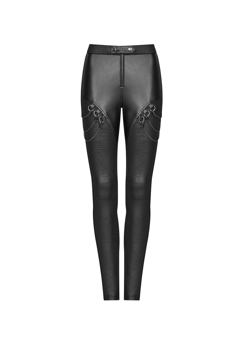 Edgy black crackle PU leather leggings with chain detail and high waist for a bold punk rock look.