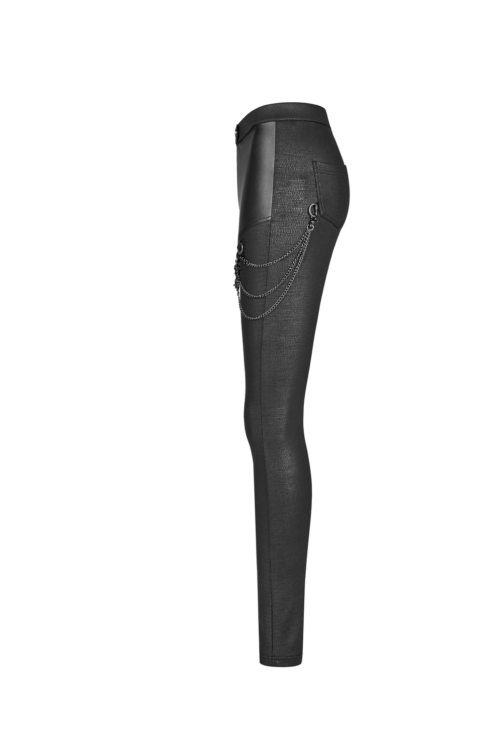 Side view of Elastic Crackle PU Leather Punk Rock Leggings with detachable chain detail and high-waisted fit.