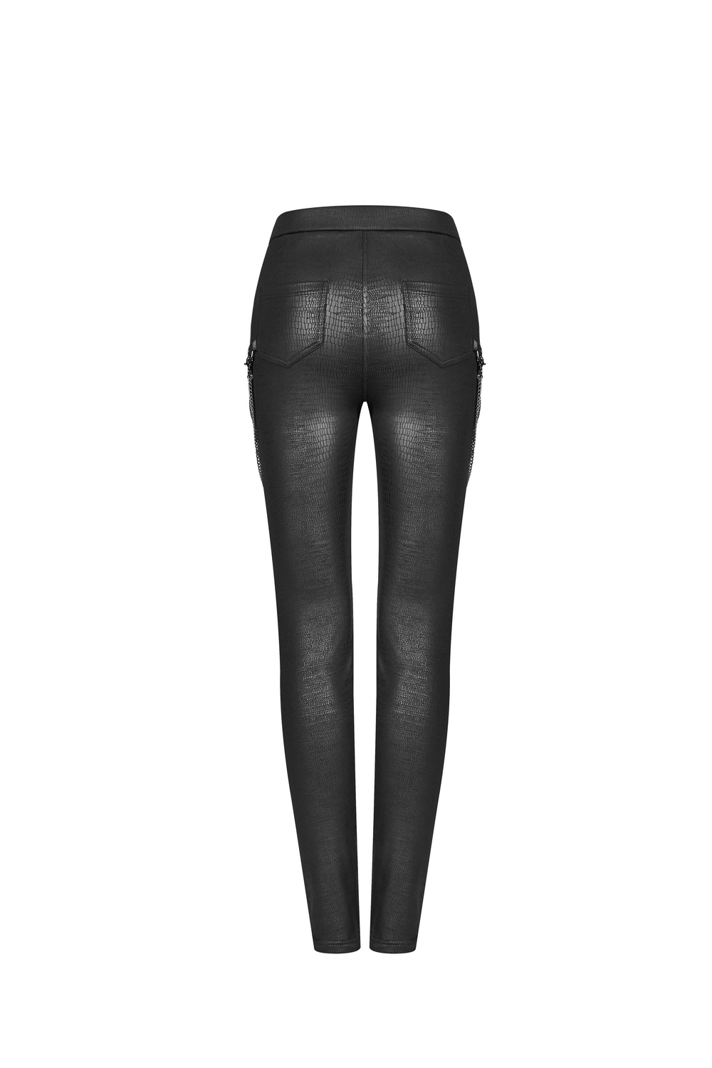 Back view of black elastic crackle PU leather punk rock leggings with chain detail and high-waisted fit.