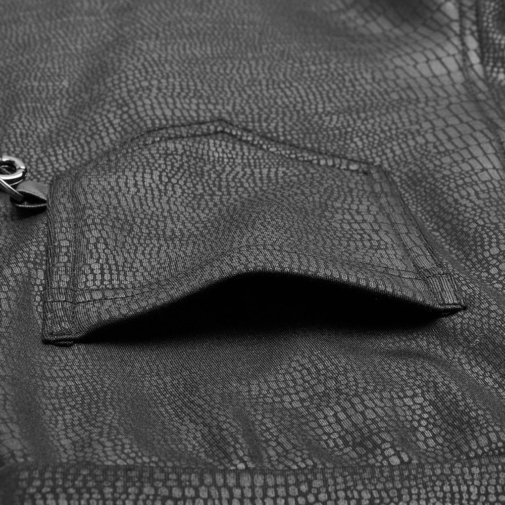 Close-up of black crackle PU leather texture showcasing a pocket detail.