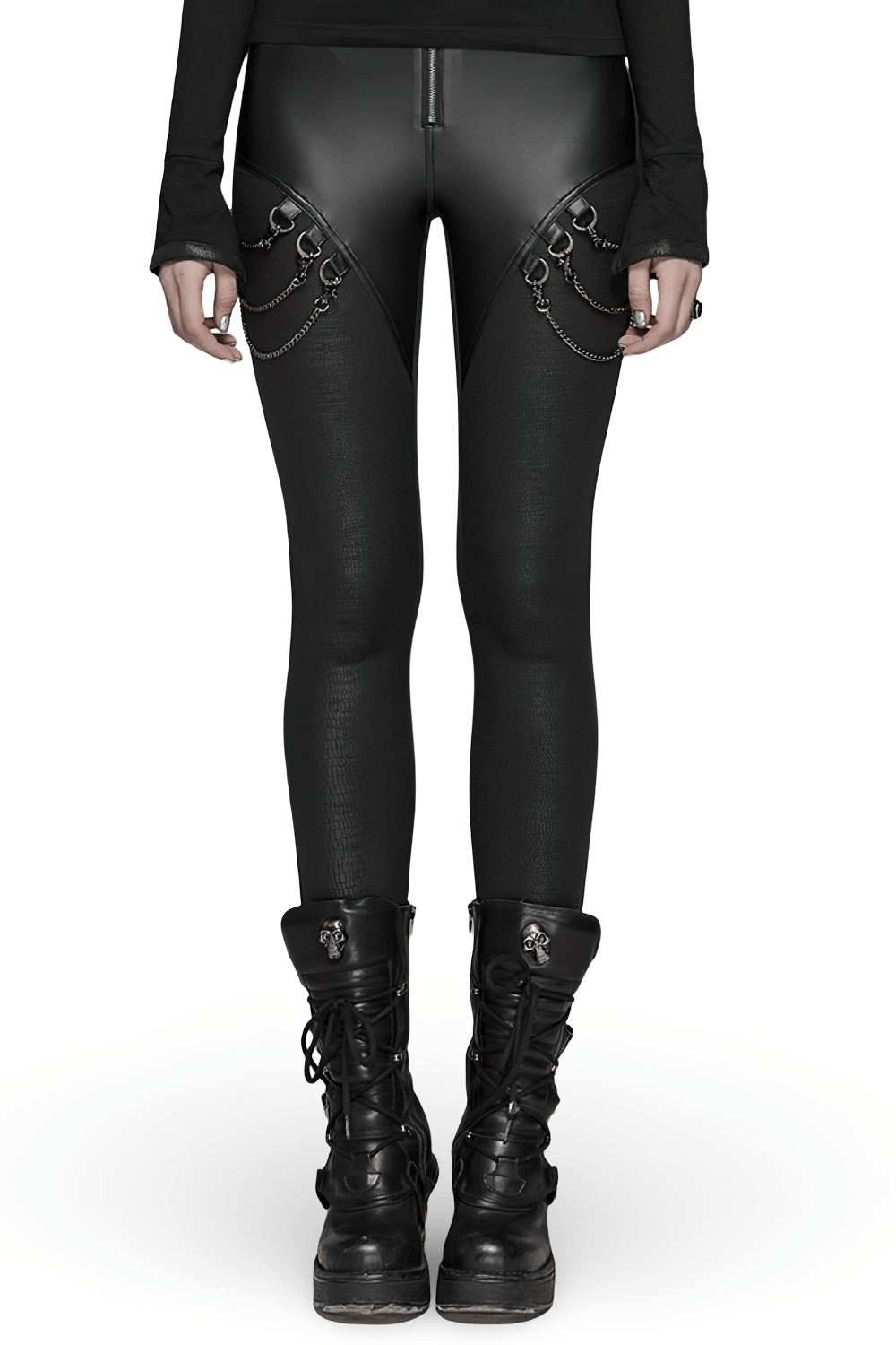 Punk rock leggings featuring crackle PU leather, thigh chains, and a high-waisted design for an edgy look.