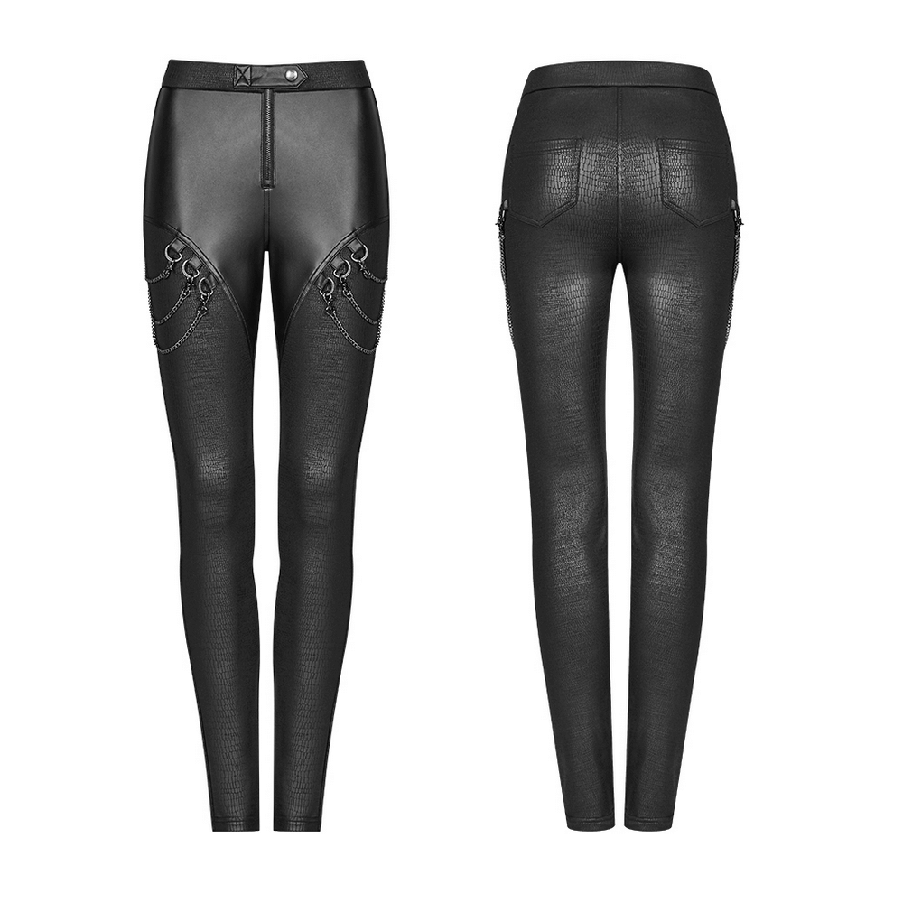 Punk rock leggings in crackle PU leather with chain details, front and back view showcasing a high-waisted fit.