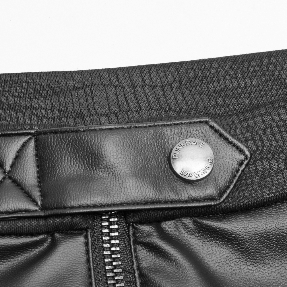 Close-up of high-waisted elastic band and zip closure on punk rock leggings in crackle PU leather.