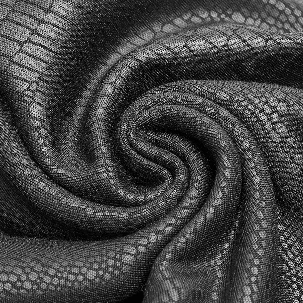 Close-up of stretchy black crackle PU leather fabric showcasing a unique textured pattern.