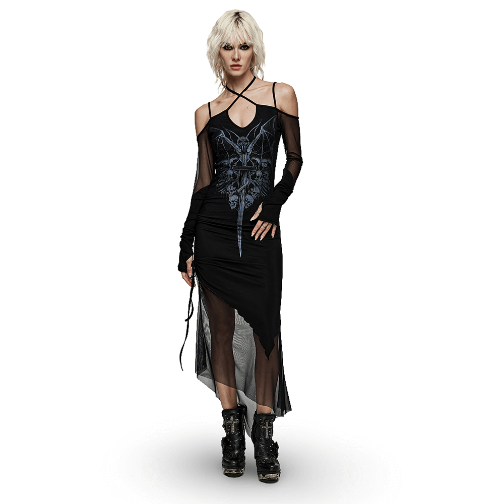 Elastic Knit and Mesh Gothic Slip Dress with Skull Print - HARD'N'HEAVY