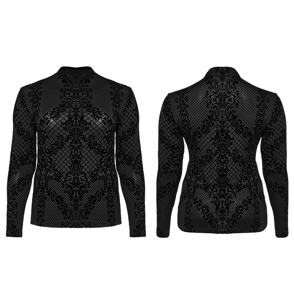 Black elastic knit Goth top with high collar and aesthetic flocking pattern, perfect for alternative fashion.