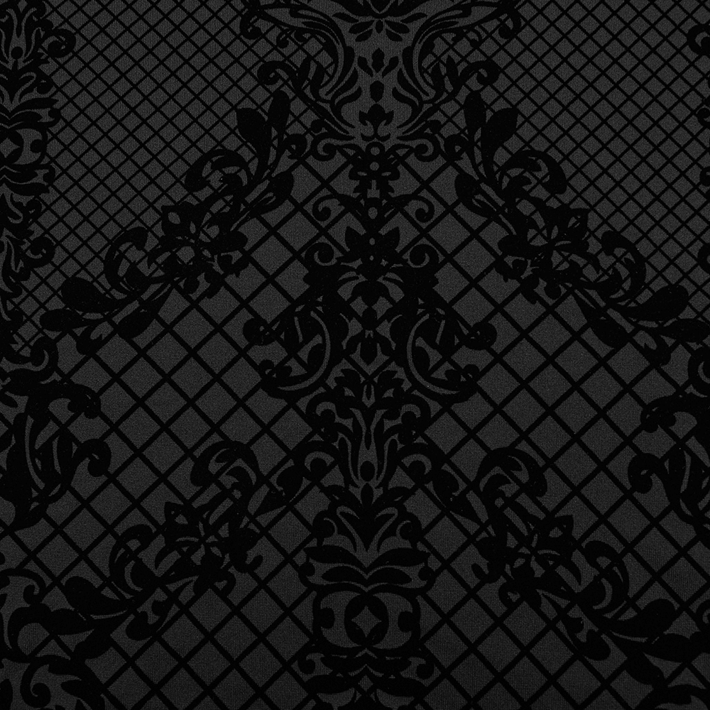 Elegant black Gothic flocking pattern on a textured fabric background, perfect for dark fashion aesthetics.