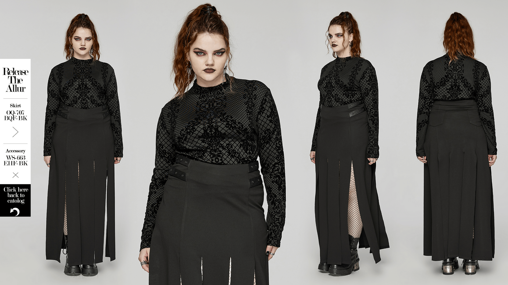 Gothic black long-sleeve high collar top with unique flocking pattern, styled with a dramatic black skirt.