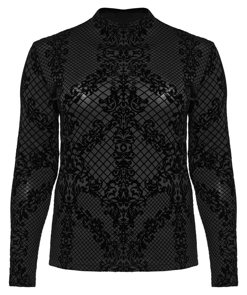 Black elastic knit goth top with high collar and unique flocking pattern for alternative fashion.