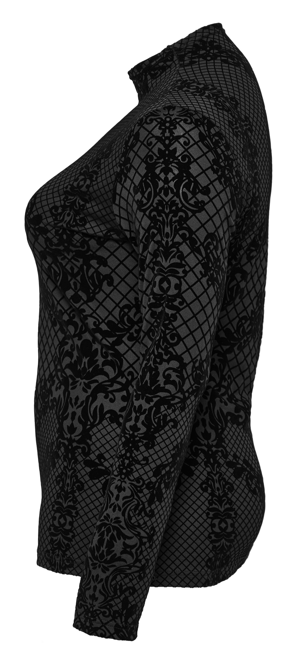 Black elastic knit goth flocking top with high collar, featuring a unique aesthetic pattern, perfect for alternative fashion.