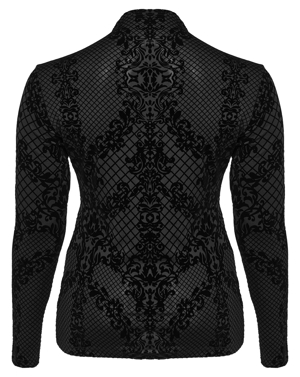 Black Gothic long-sleeve top with high collar and unique flocking pattern, perfect for dark fashion.