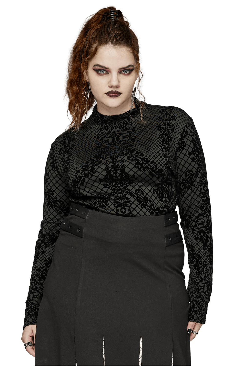 Black goth high collar top with aesthetic flocking pattern, perfect for alternative fashion lovers.