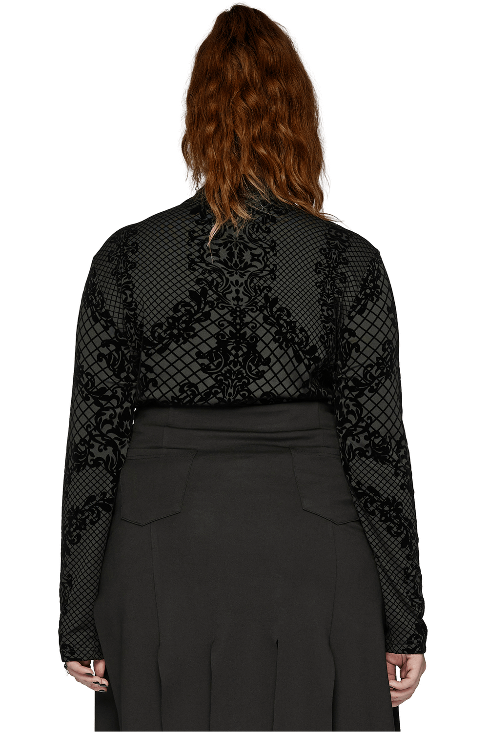 Back view of a black gothic high collar top featuring intricate flocking pattern, perfect for alternative fashion.