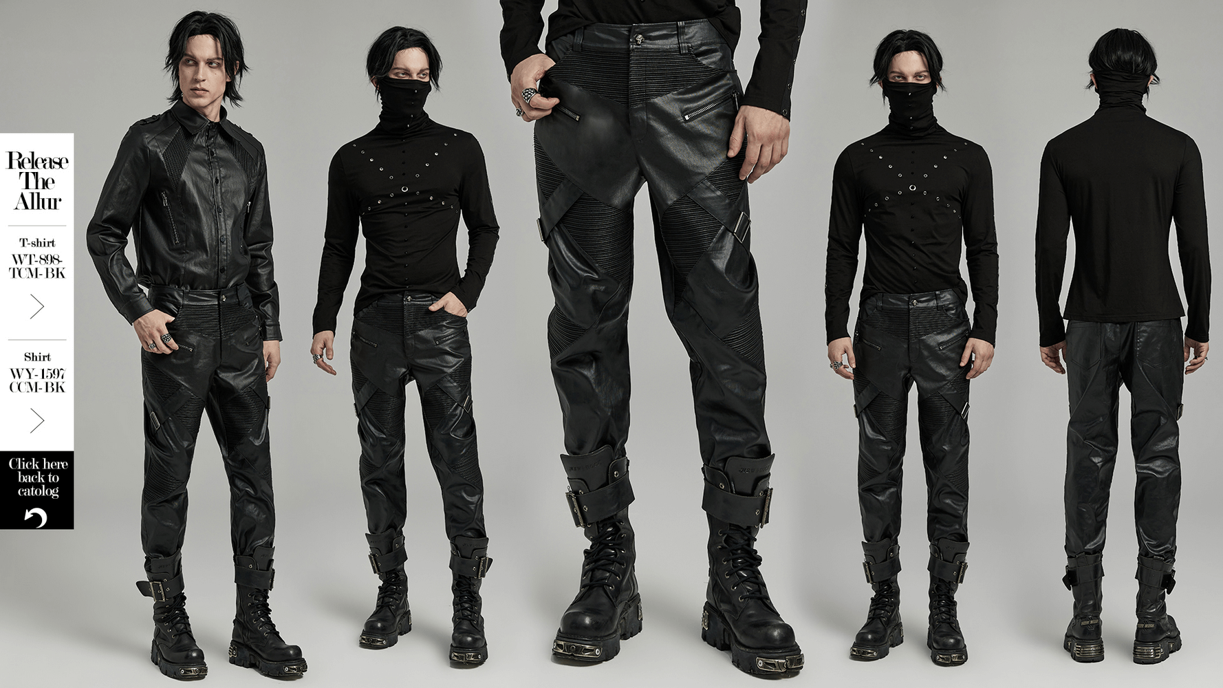 Men's punk style leather pants with zippers, elastic material, featuring edgy design and drawstring detail for a bold look.