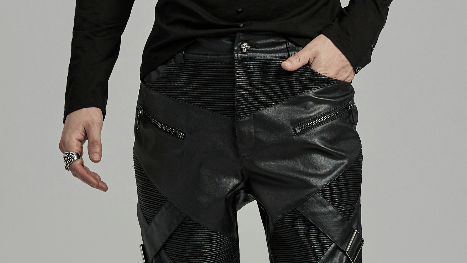 Men's punk style leather pants with zippers and drawstring for an edgy look.