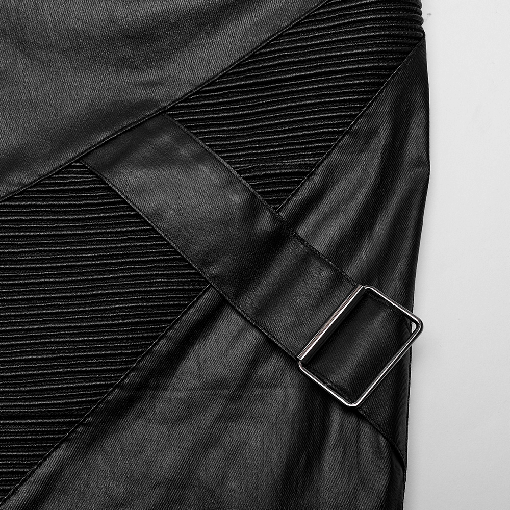 Close-up of elastic punk leather pants showcasing unique textured design and stylish buckle detail.