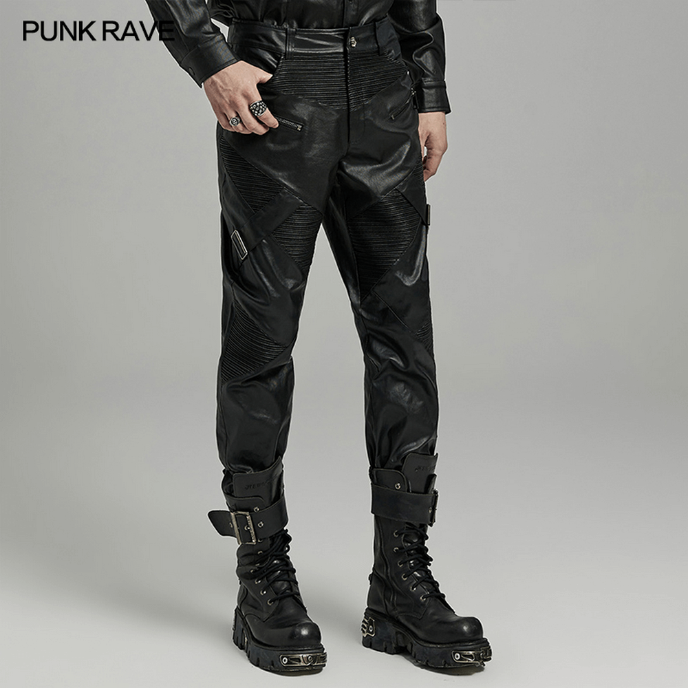 Pantalon en cuir élastique de style punk pour hommes avec fermetures à glissière