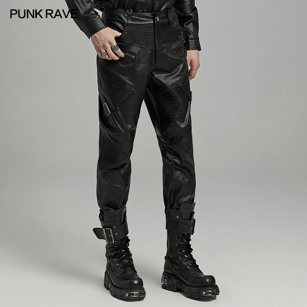 Men's punk style leather pants with zippers, featuring a drawstring waist and edgy design for a bold look.