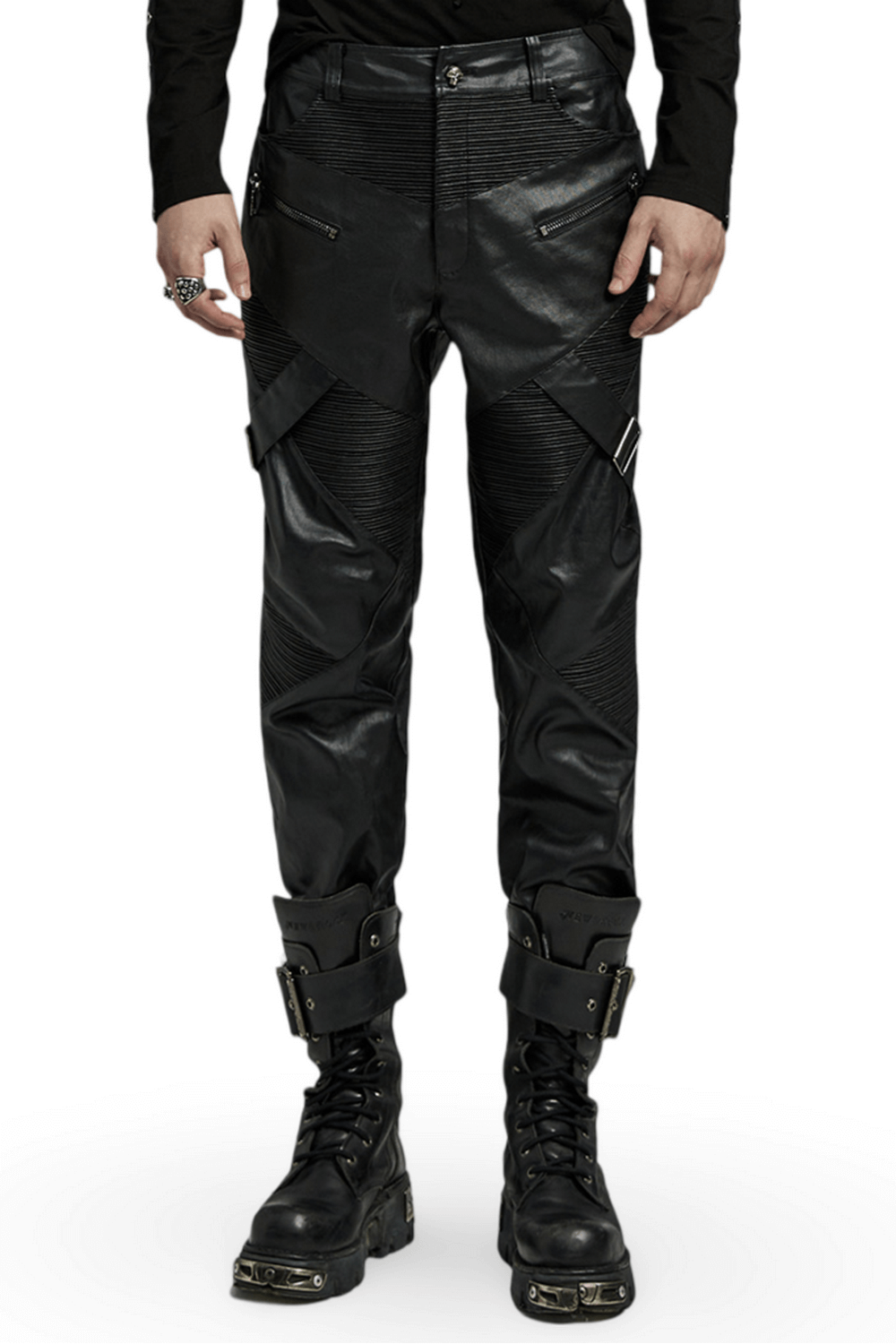 Stylish men's punk leather pants with zippers and drawstrings, perfect for bold fashion statements.