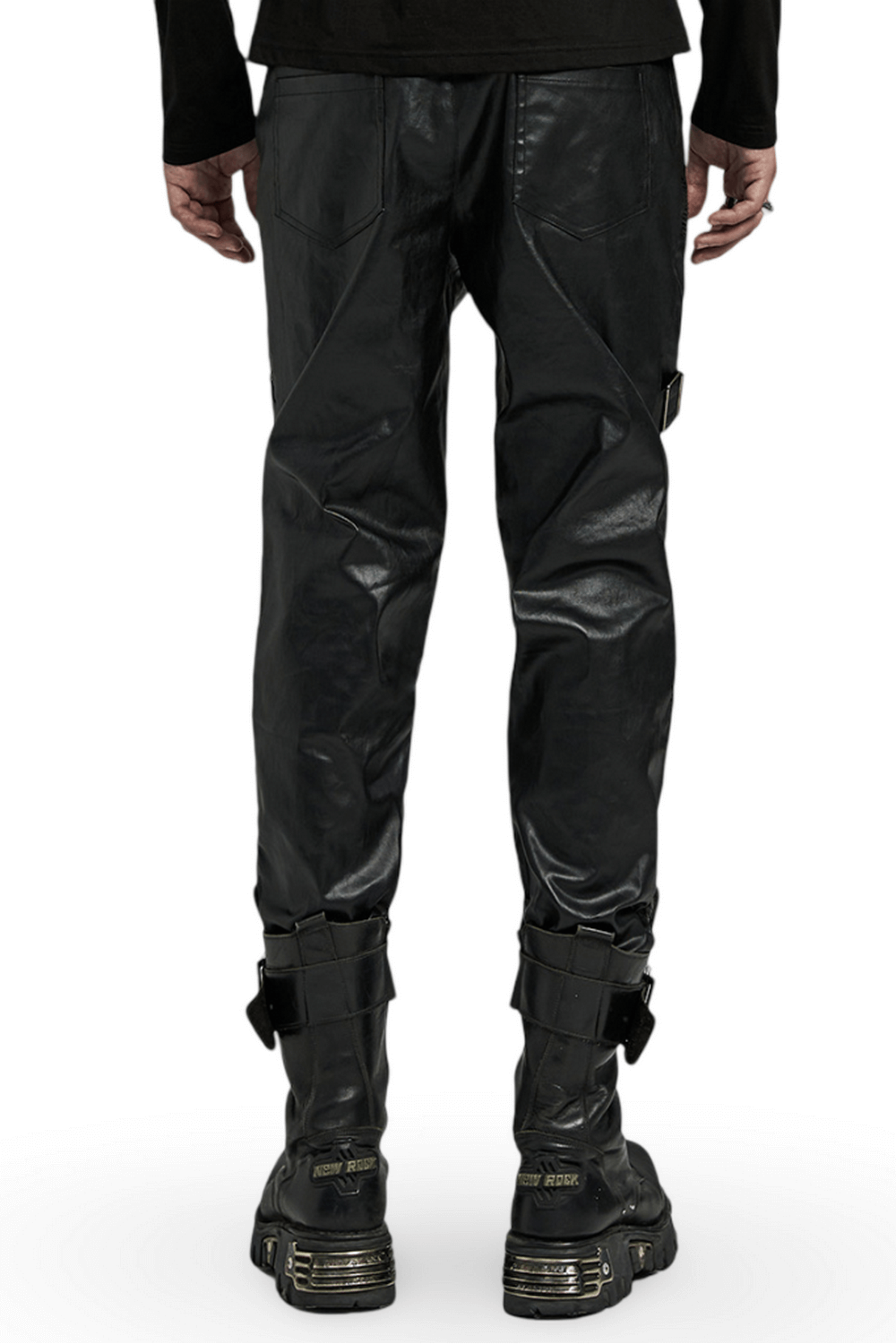 Back view of men's elastic punk-style leather pants with zippers, showcasing a bold and edgy design.