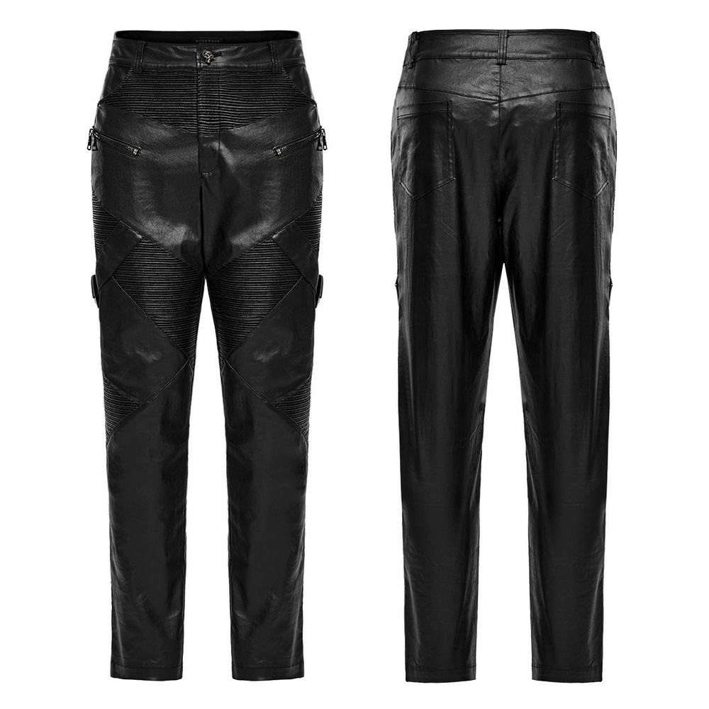 Stylish black elastic men's punk leather pants with zippers and drawstring design for an edgy look.