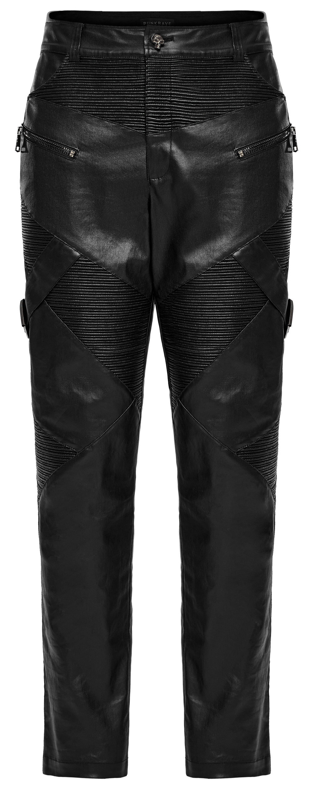 Men's elastic punk leather pants featuring zippers and a unique drawstring design for a bold fashion statement.