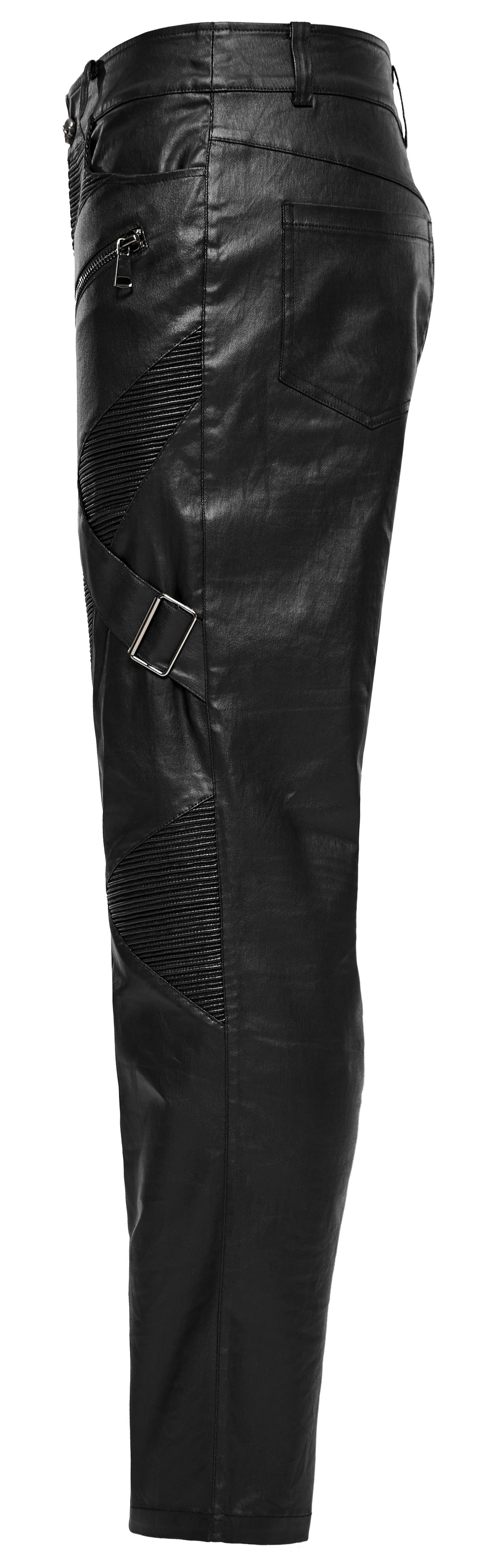 Men's elastic punk-style leather pants with zippers, showcasing edgy design and modern fit.