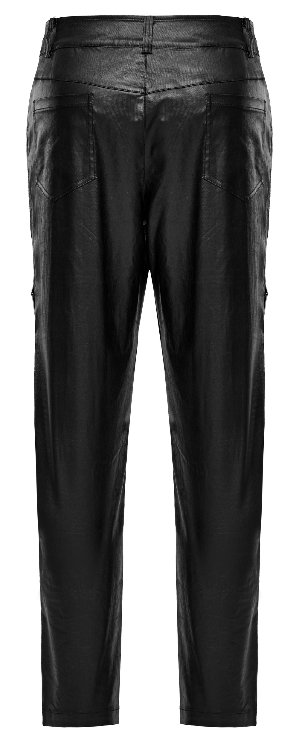 Back view of men's elastic punk leather pants with zippers, showcasing a sleek, edgy design for bold fashion.