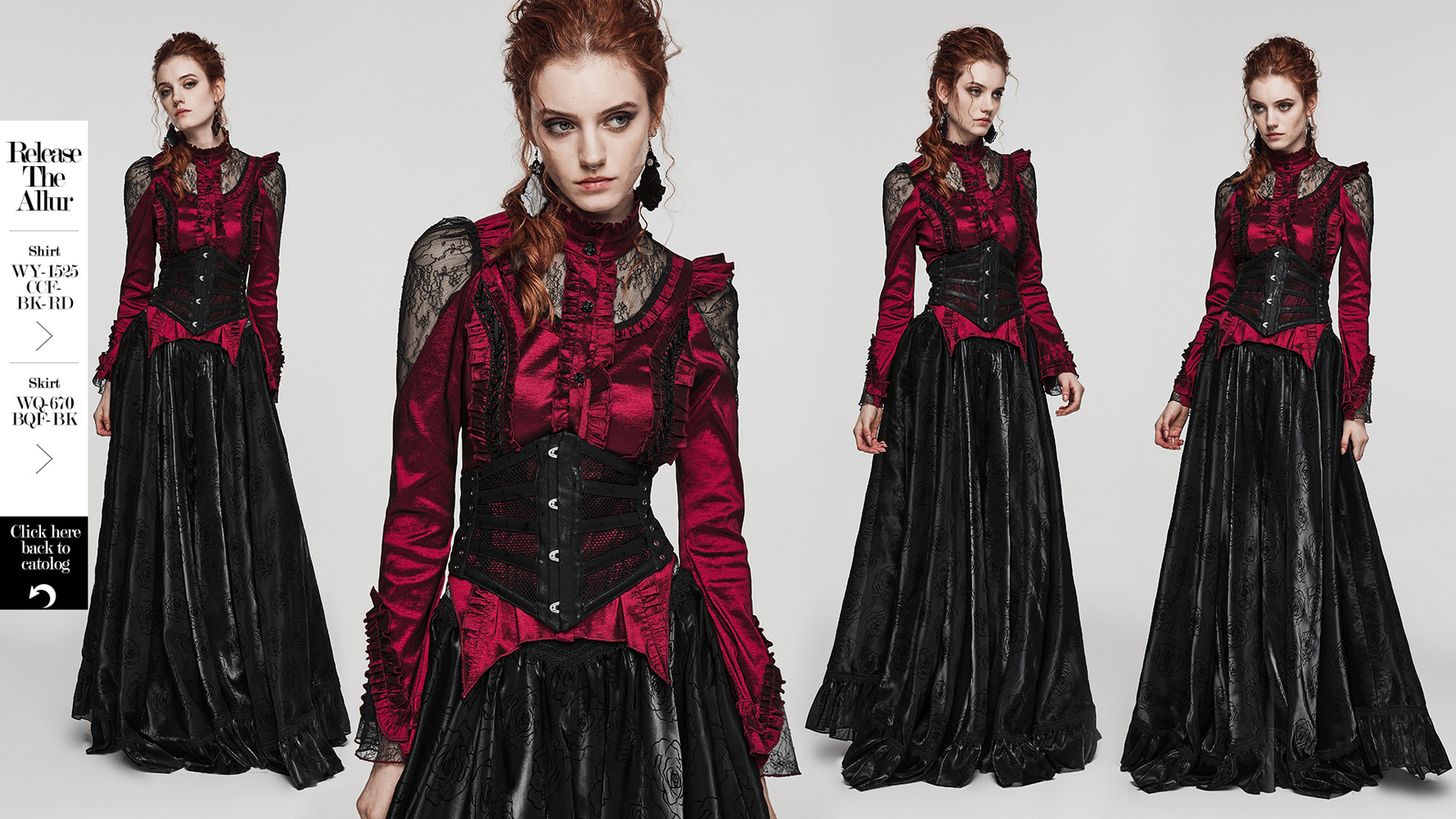 Elegant gothic dress with lace details and corset-style waist in striking red and black fabric.