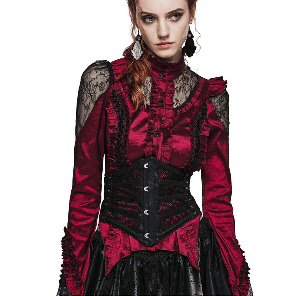 Punk corset belt in black with steel buckles, styled with a glamorous red blouse and lace details for a striking fashion statement.