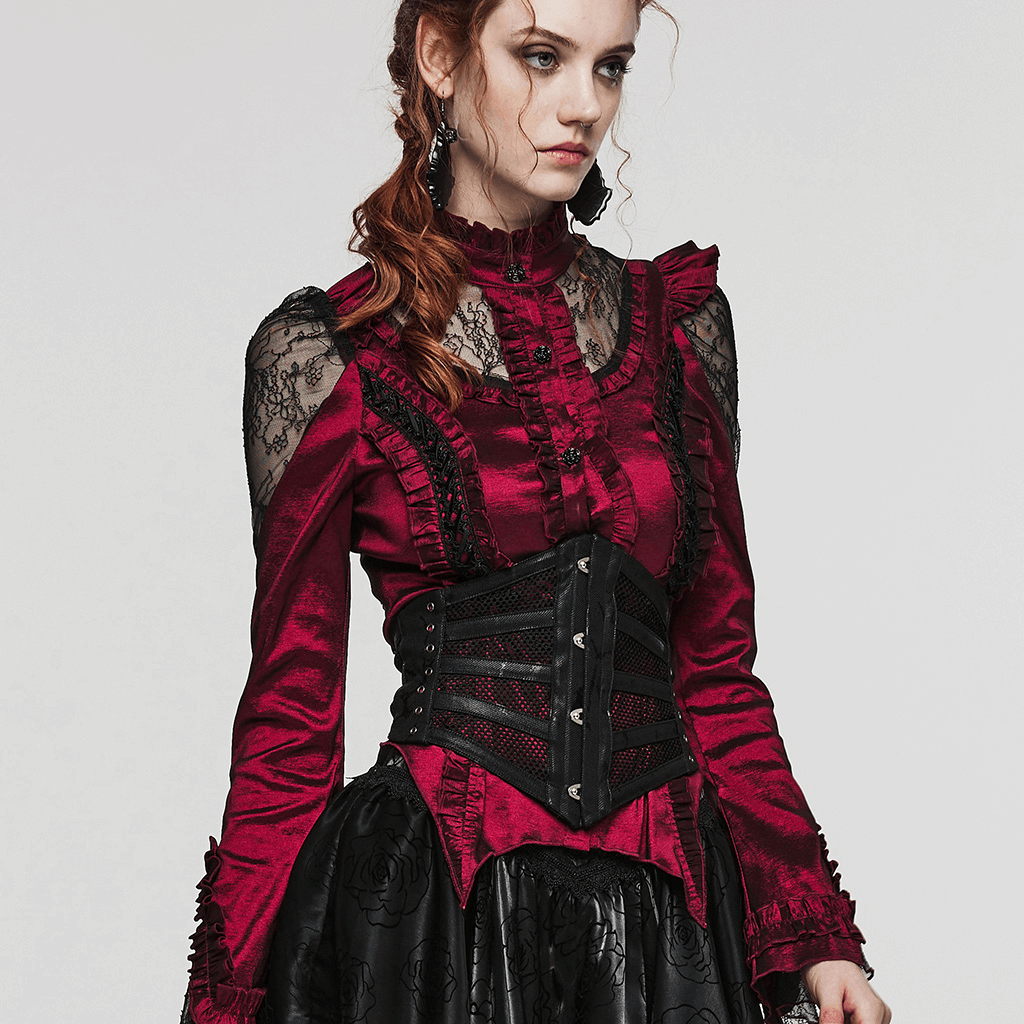 Stylish model showcasing a burgundy shirt with lace detailing and an elastic mesh punk corset belt.