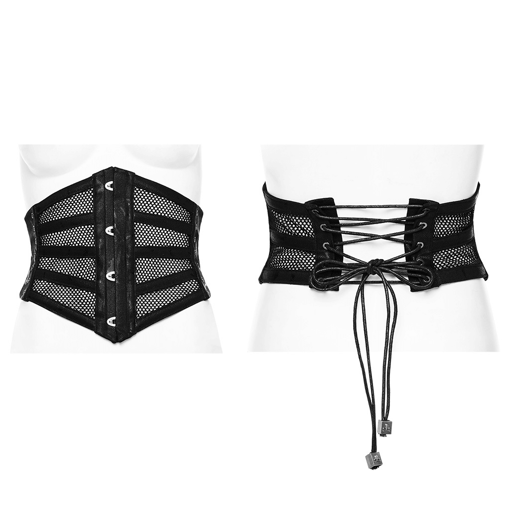 Elastic mesh punk corset belt showcasing steel buckle detail and lace-up design for a dramatic silhouette.
