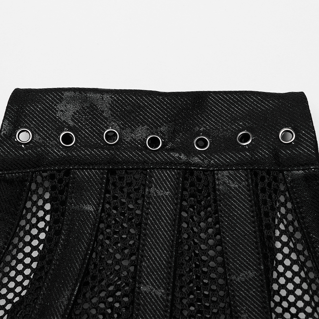 Close-up of elastic mesh punk corset belt with steel buckle detail and eyelet decorations, showcasing the unique texture.