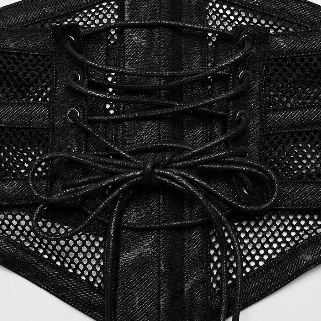 Close-up of a black elastic mesh punk corset belt featuring steel buckles and an adjustable lace-up design.