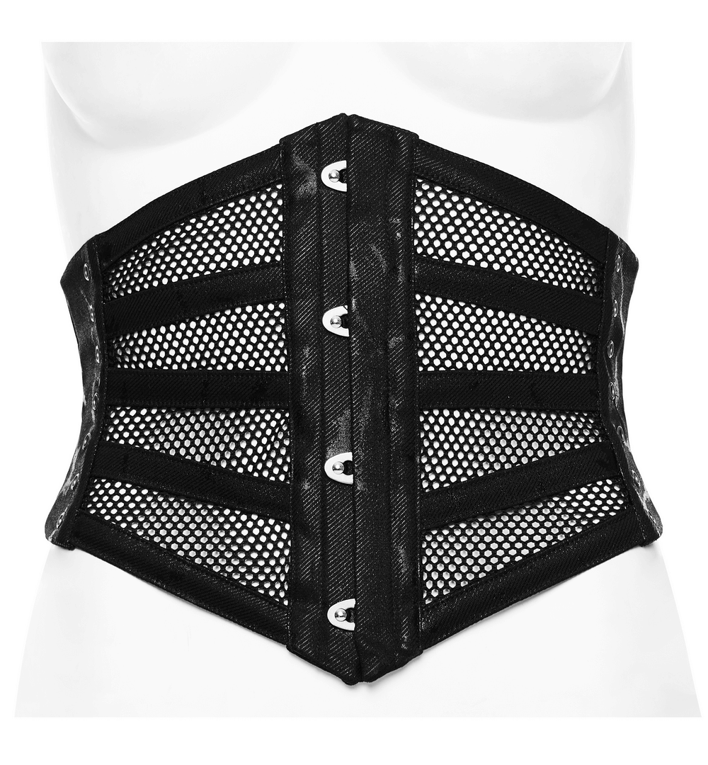 Elastic mesh punk corset belt with steel buckle detail, perfect for creating a striking silhouette.
