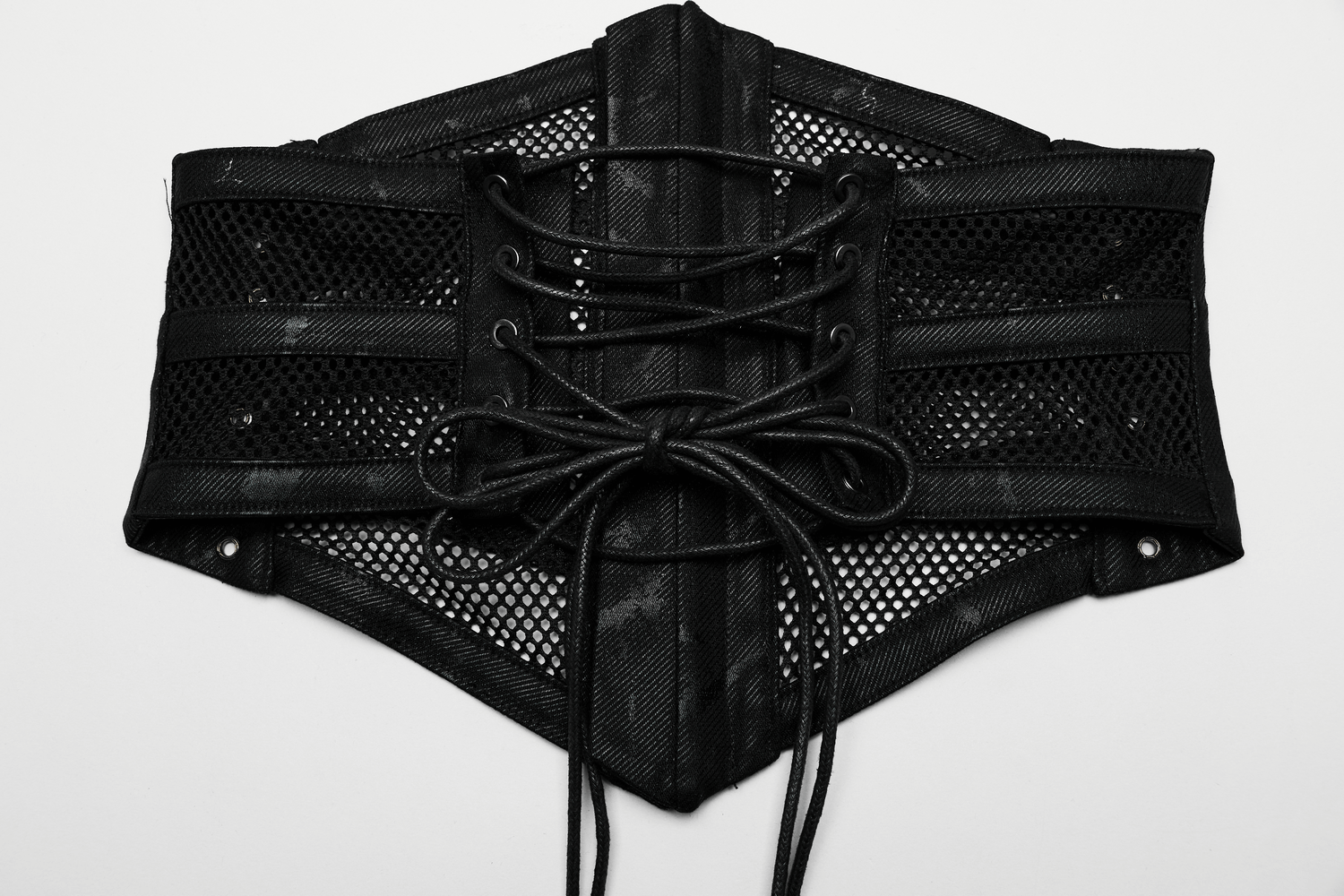 Elastic mesh punk corset belt with steel buckle details and lace-up design for stylish waist cinching.
