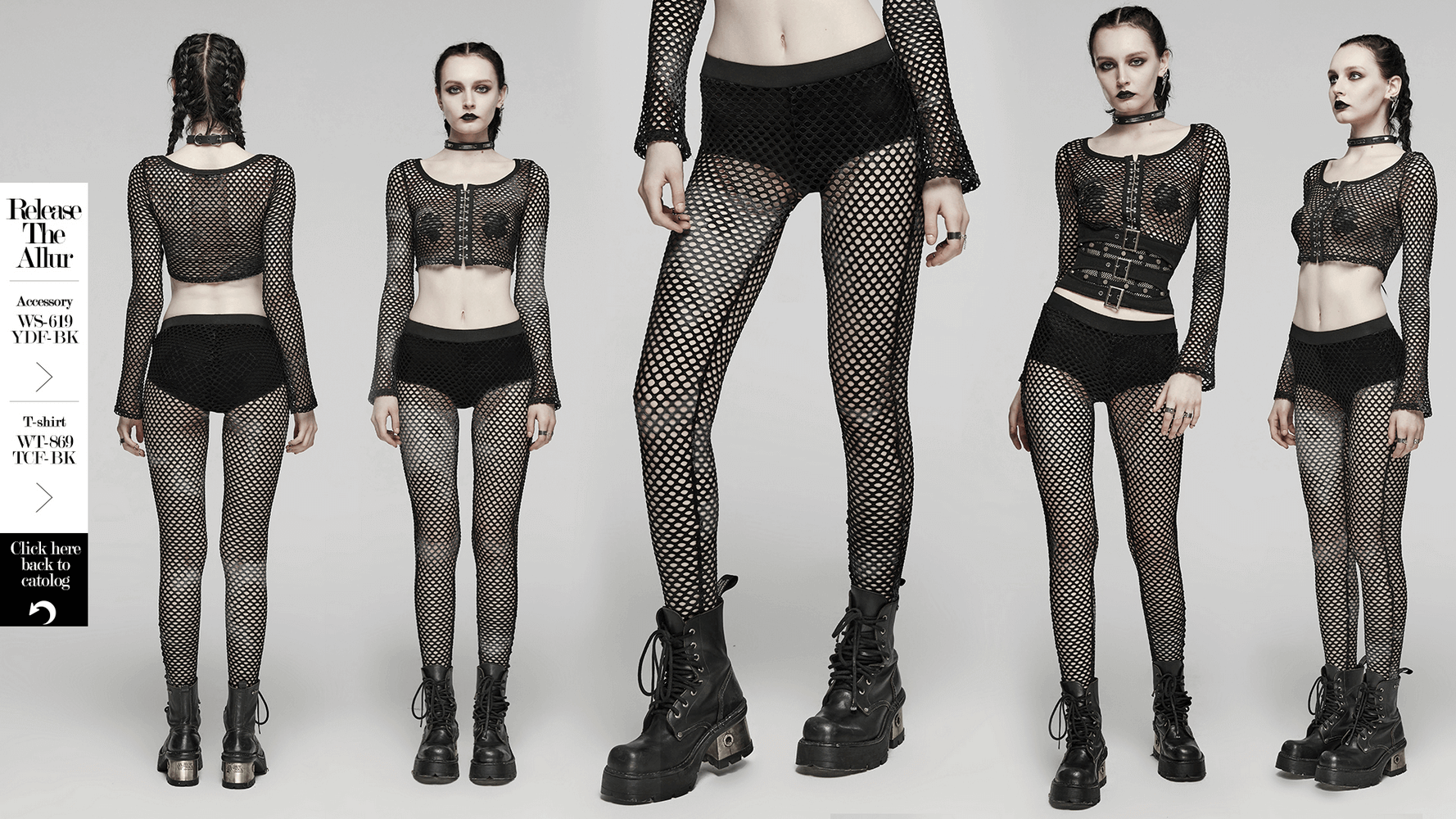 Stylish women in black fishnet leggings and tops, showcasing edgy fashion vibes with punk rock aesthetics.