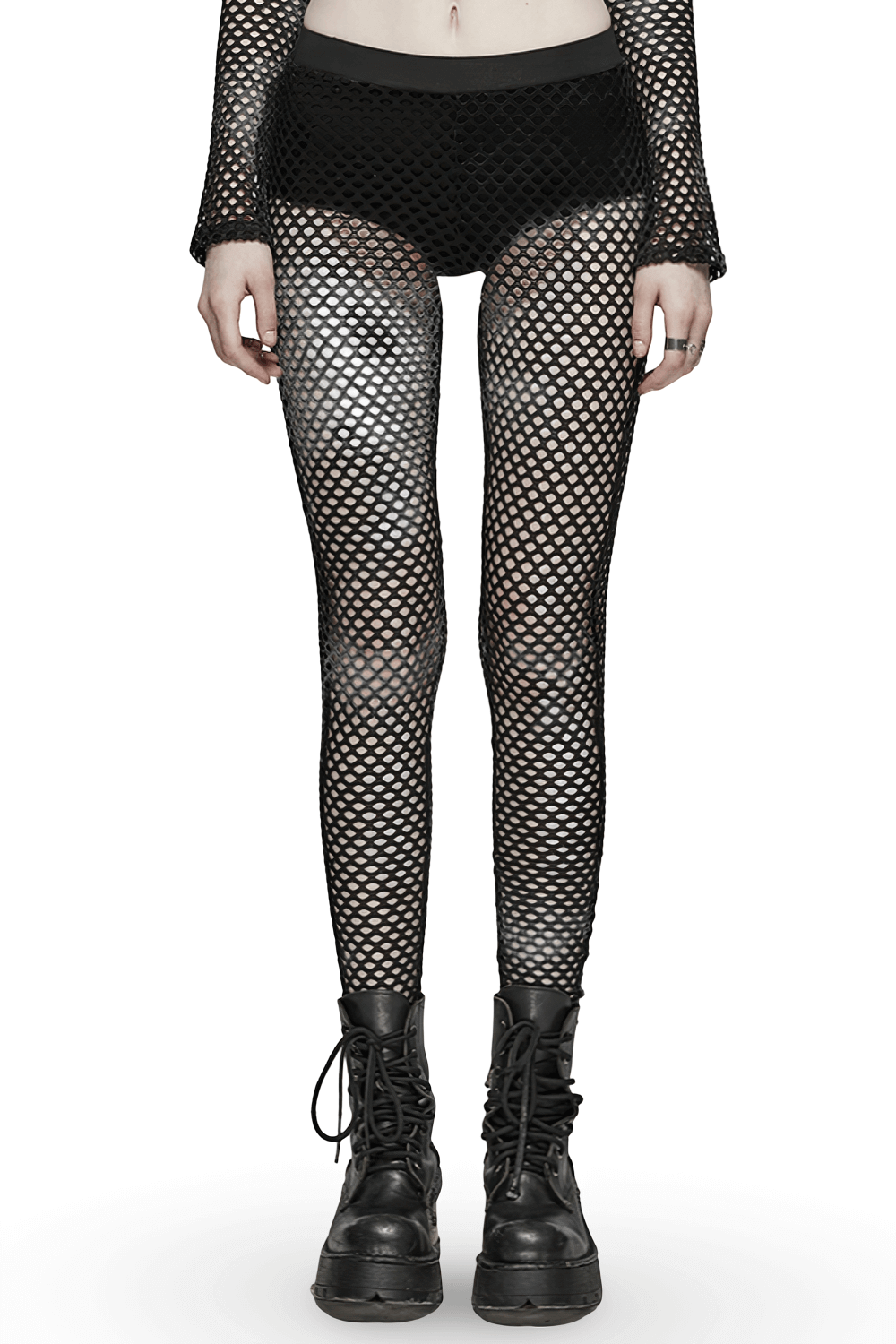 Stylish black fishnet leggings for women, perfect for an edgy punk look with mesh design and unique style.