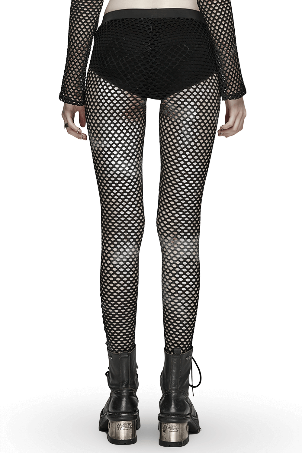 Back view of stylish women's black fishnet leggings paired with edgy combat boots.